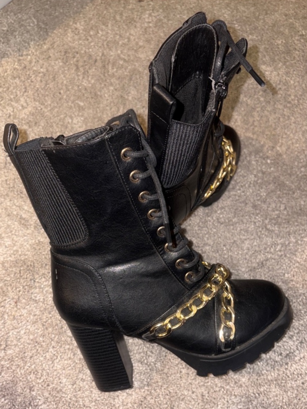 Forever Black Lace-Up Combat Boots with Gold Chain Accent size 7